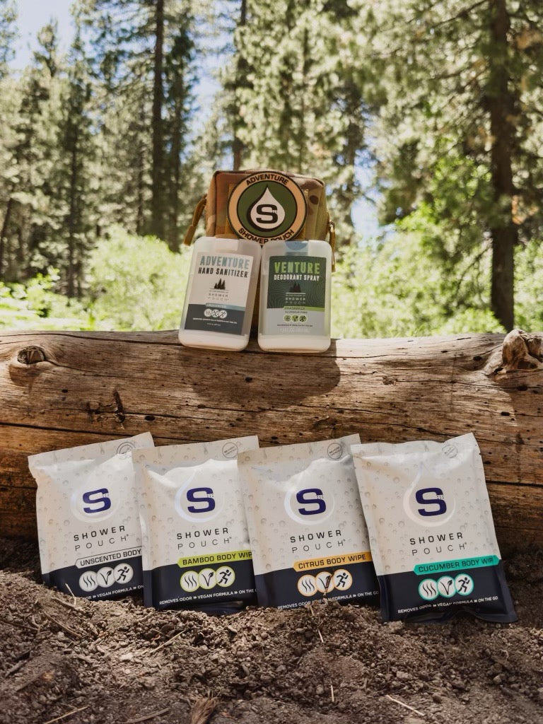 Tactical Molle Zipper Bag + Adventure Sampler Kit: 4 Shower Pouches, 1 Hand Sanitizer (80%), and 1 Deodorant