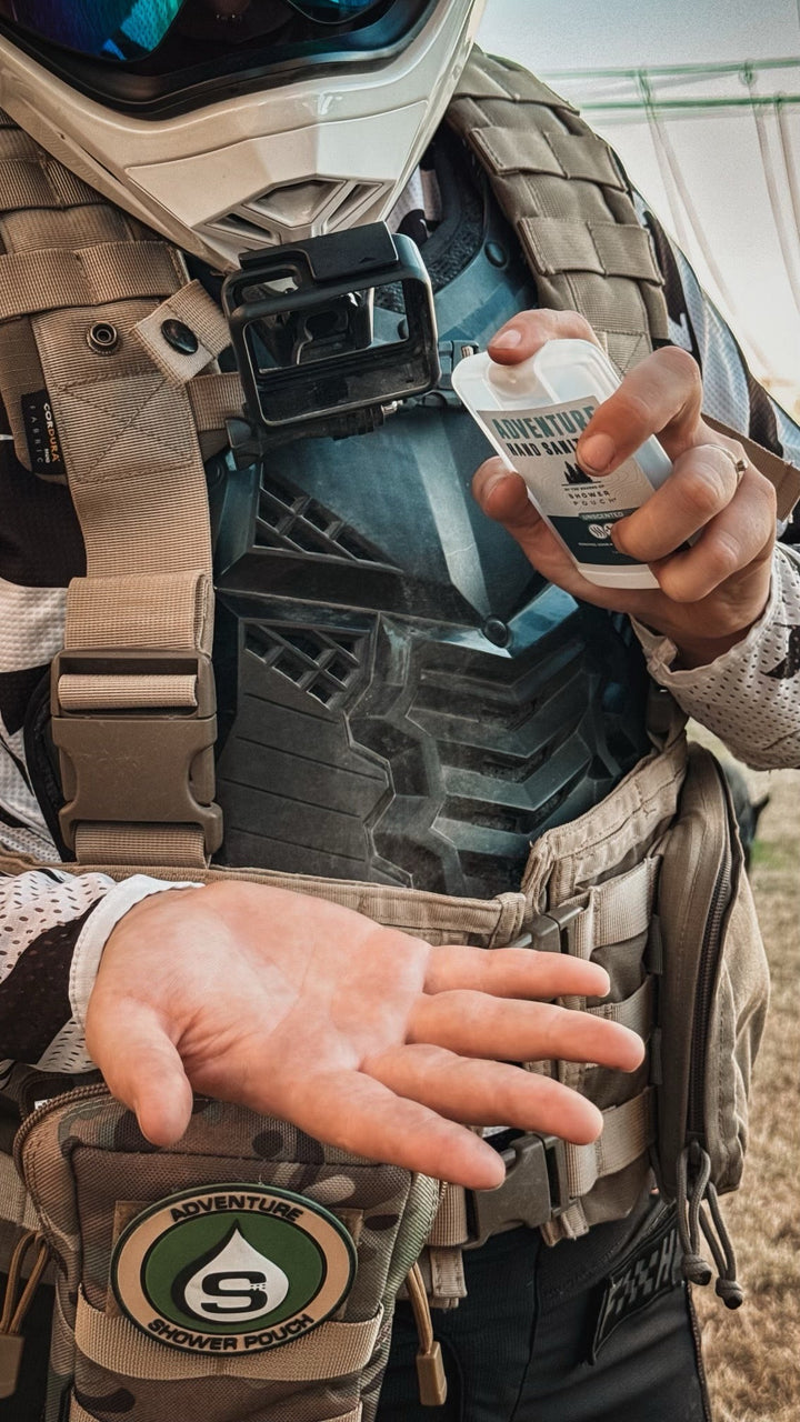 Tactical Molle Zipper Bag + Adventure Sampler Kit: 4 Shower Pouches, 1 Hand Sanitizer (80%), and 1 Deodorant
